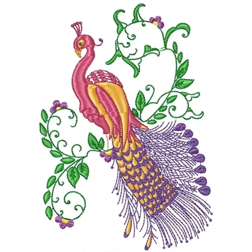 Embroidered Long-Sleeved T-Shirt - Elegant Peacocks PE09