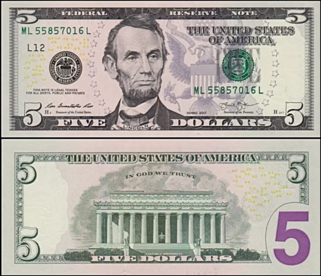 NEW UNCIRCULATED $5 - FIVE DOLLAR BILL - Series 2013 - CRISP - ONE NOTE
