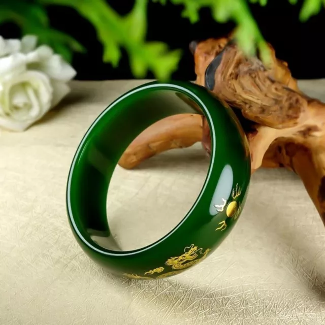 Superior Rare Green Jade Engraving Gold-plated Dragon And Phoenix Bracelet B04