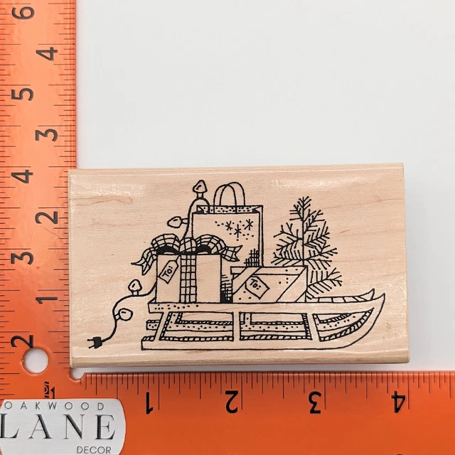Doodle Art Christmas Gift Sleigh Sled Winter Evergreen Presents Rubber Stamp