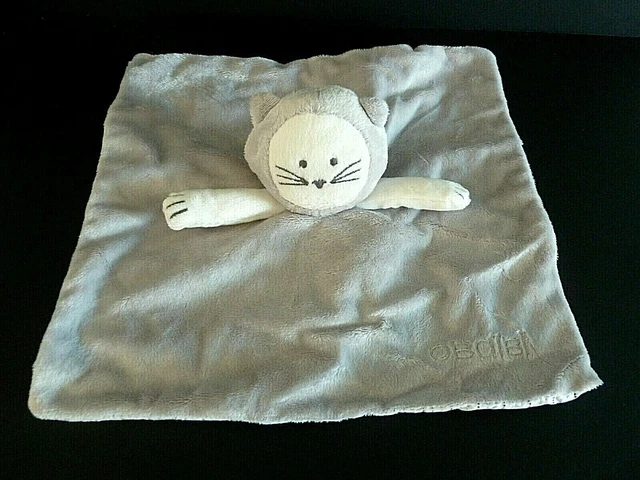 * Doudou Plat Obaibi Okaidi Chat Gris Blanc Dessous Raye Argente Etat Neuf*