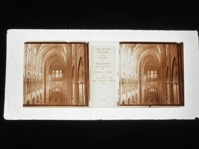 PARIS EGLISE NOTRE DAME PLAQUE VERRE 45x107 VUE STEREOSCOPIQUE VERASCOPE RICHARD