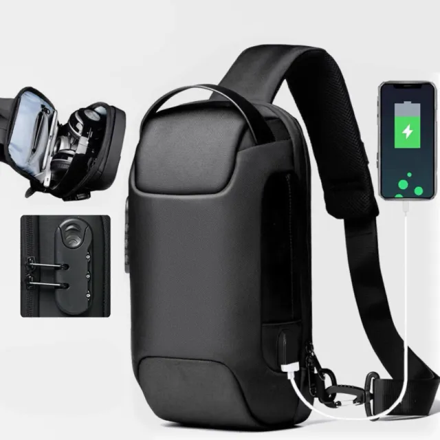 Mens Sling Backpack Anti-theft Shoulder Crossbody Chest Bag Waterproof USB Port