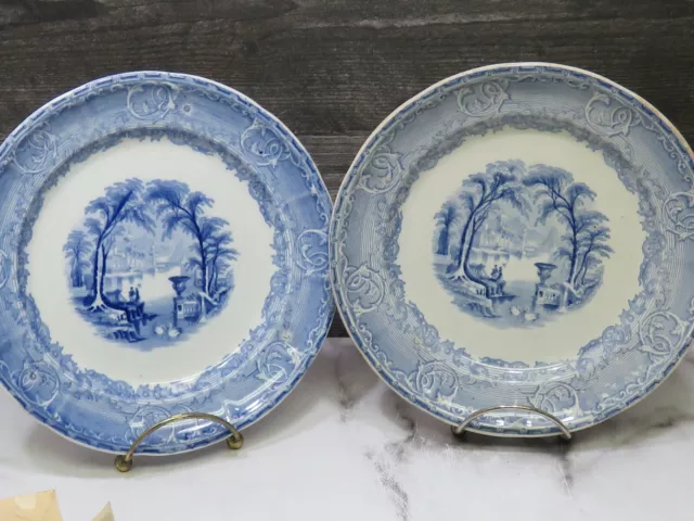 2 Antique Podmore Walker PW &Co Pearl Stone Ware Blue Transferware Venus Plates