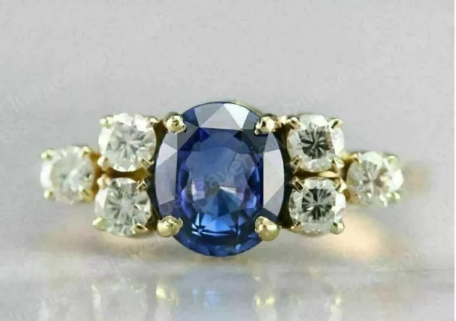 14K Yellow Gold Finish 3CT Oval Cut Lab-Created Blue Sapphire Engagement Ring