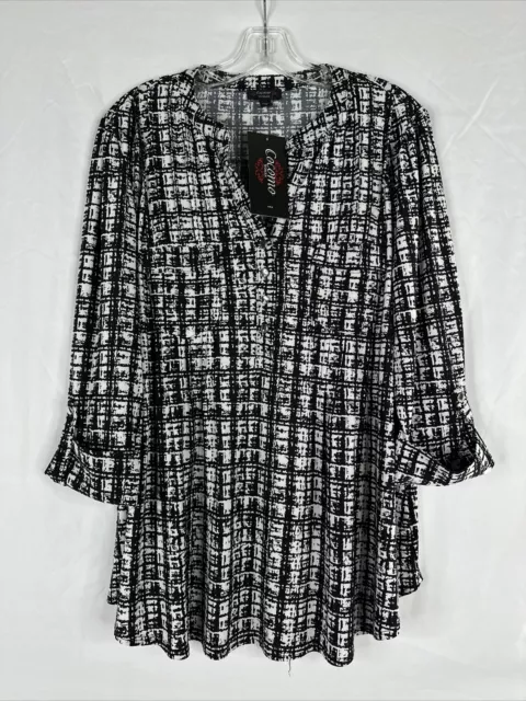 Cocomo Top Blouse Womens Plus Size 1X Black White Geometric 3/4 Roll Tan Sleeve