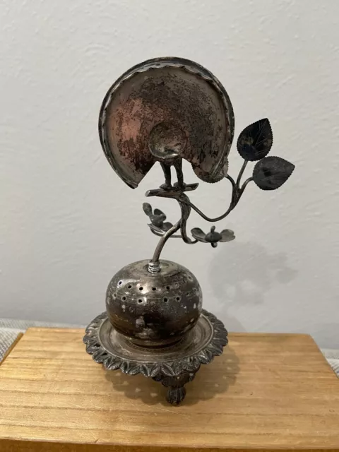 Antique Colonial Brazil Silver Incense Burner Censer w/ Peacock & Flowers 3
