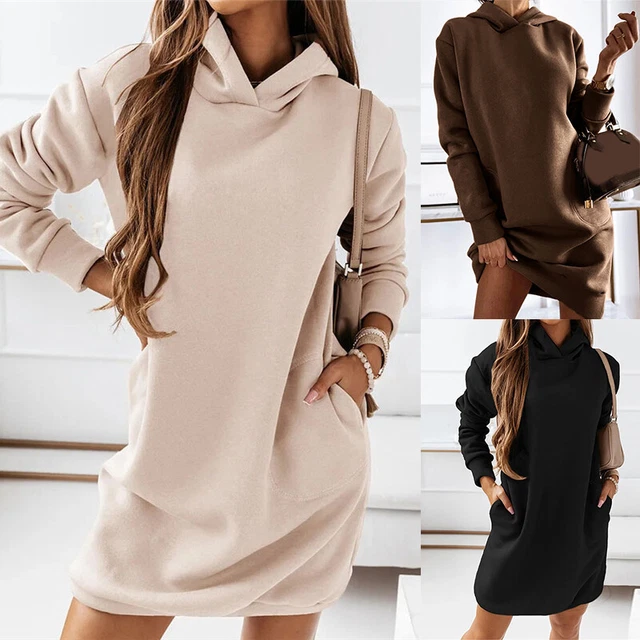 Donna Manica Lunga con Cappuccio Felpa Casual Sciolto Maglione Mini Abito Top ☽