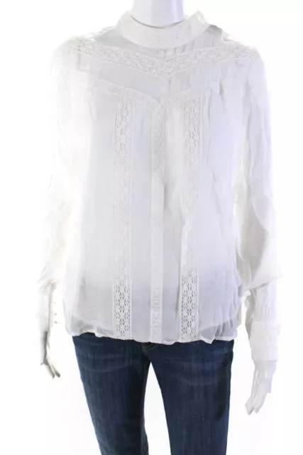Maje Womens High Neck Lace Trim Long Sleeve Top Blouse White Size 4