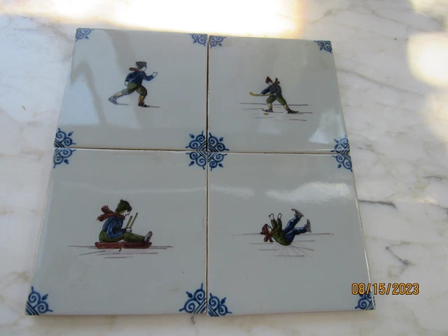 4 Antique Polychrome Delft Hand Painted Tiles Winter Scene Very NIce!! Makkum