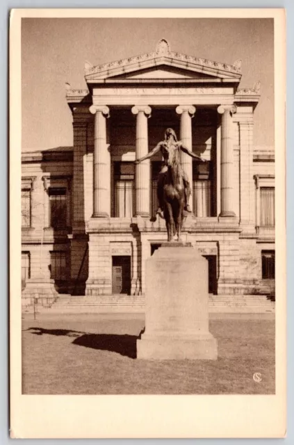 Boston Massachusetts Public Library & Statue Streetview Sepia BW Postcard