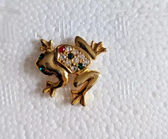 Vintage goldtone   Frog Brooch tack Pin with Rhinestones green eyes jumping