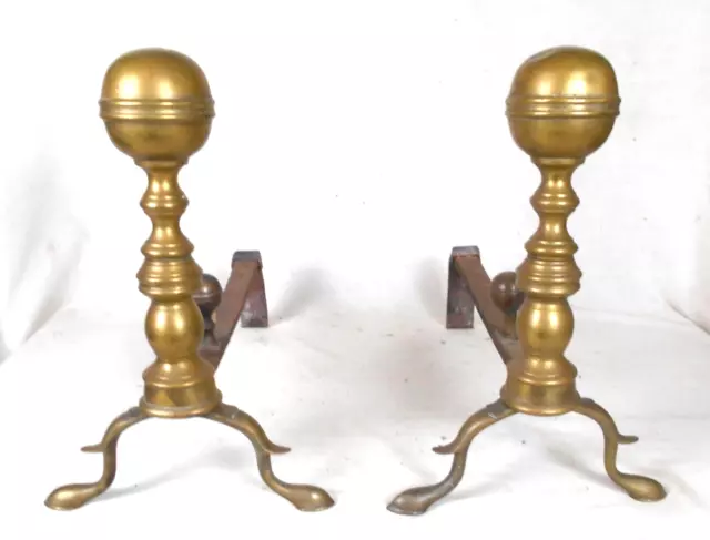 ANTIQUE 19th CENTURY BRASS BALL TOP ANDIRONS