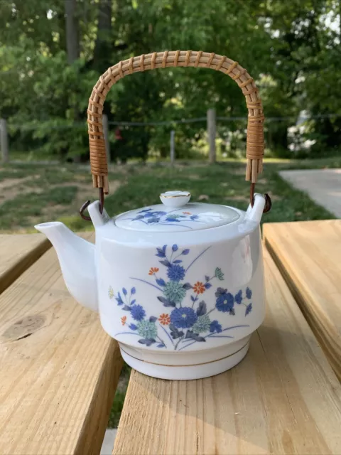 Vintage Porcelain Tea Pot 3 Cup Wicker Rattan Handle JAPAN Blue & Green Flowers