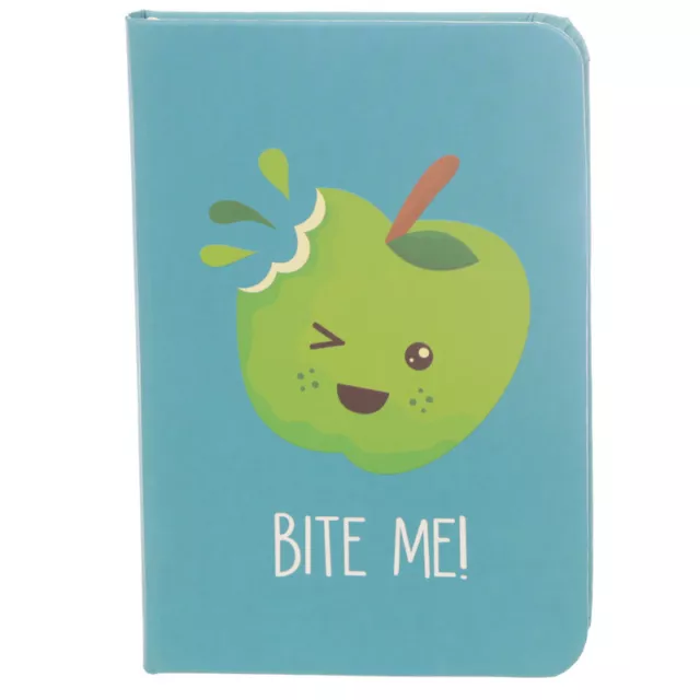 Fun Novelty Bite Me Apple Notebook fest gefüttert blau grün A6 Gummiband