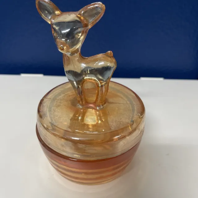 Deer Jeanette Glass Powder or Trinket Box Darling Deer Figure Lid 6” Marigold