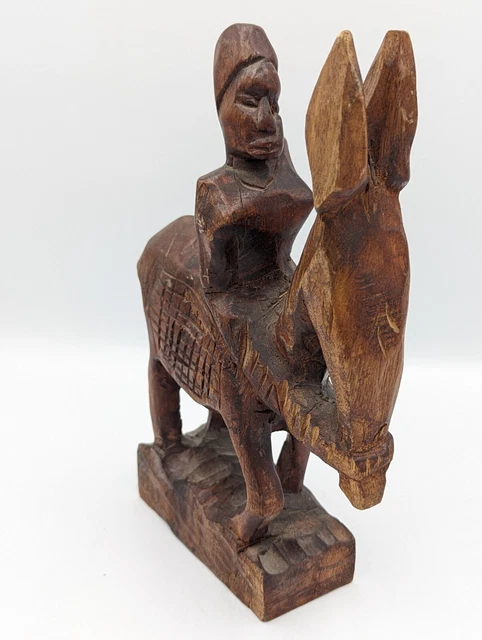 Vintage Hand Carved Dark Wood Figure Man On A Horse Ethnic