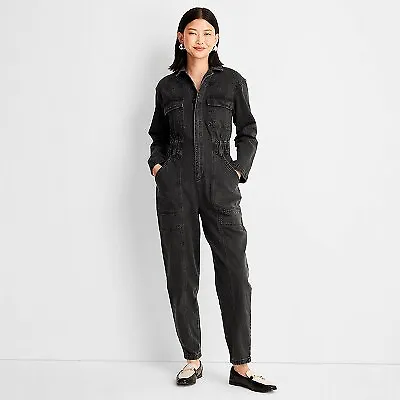 Women's Long Sleeve Denim Jumpsuit - Universal Thread Washed Black 12