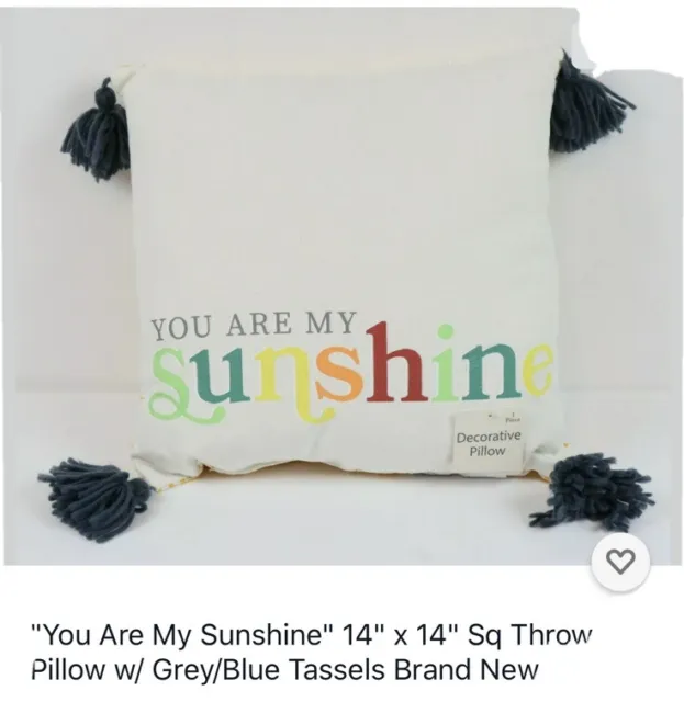 "You Are My Sunshine" 14" x 14" Sq Throw Pillow w/ Grey/Blue Tassels Brand New