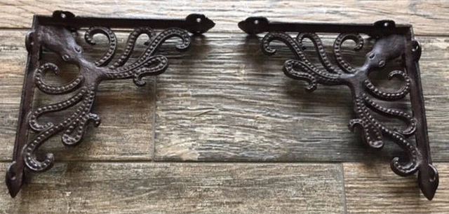 2 Cast Iron Metal Octopus Brackets Nautical Braces Shelf Corbels Beach Theme NEW