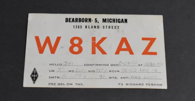 W8KAZ 1952 CB Ham Radio Short Wave QSL Card Dearborn Michigan Art 1265 Bland St