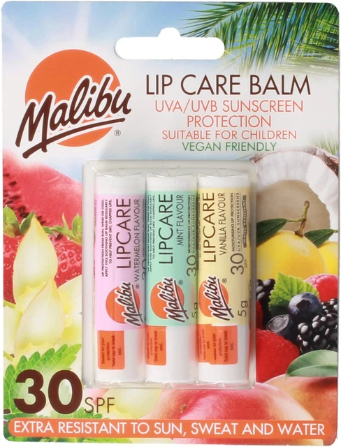 MALIBU SUN SPF 30 Lip Balm Sunscreen, Watermelon, Mint and Vanilla, 3 x 5g £5.67 - PicClick UK