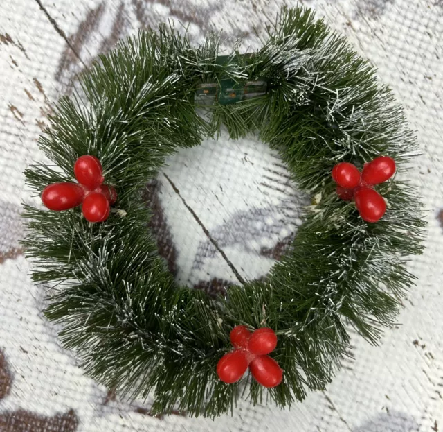 Vintage Mini Bottle Brush Flocked Wreath With Red Berries Christmas Ornament