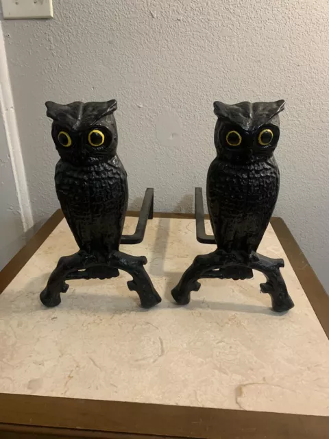 Vintage Antique OWL Cast Iron FIREPLACE ANDIRONS