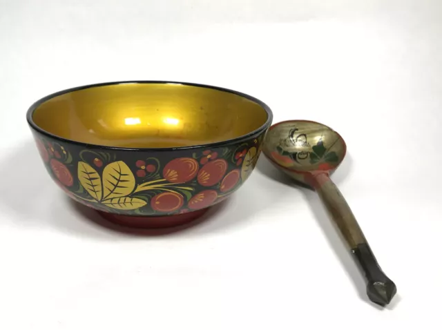 USSR Wooden Handpainted Lacquered Khokhloma Hohloma Bowl Spoon Russian