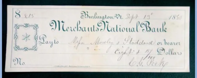 1880 antique BANK check MERCHANTS NATIONAL BANK burlington vt MOSELEY STODDARD