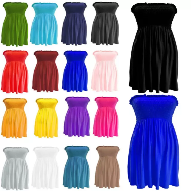 Womens Ladies Plain Boob Tube Sheering Bandeau Top Summer Dress Size  8-26