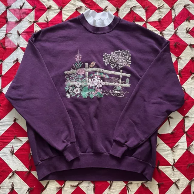 Vintage Purple Nature Sweatshirt Women’s XL Cute Birds Endless Designs