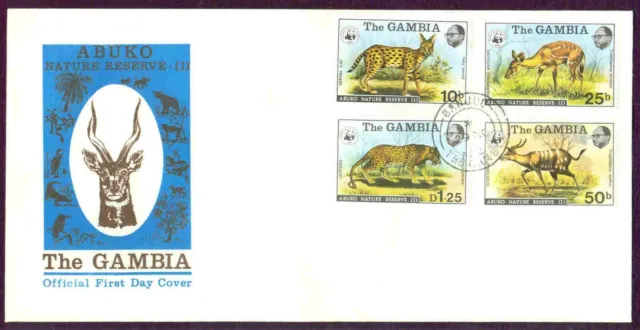 WWF Forerunner GAMBIA 1976 ENDANGERED ANIMALS ABUKO RESERVE set of 4  local FDC