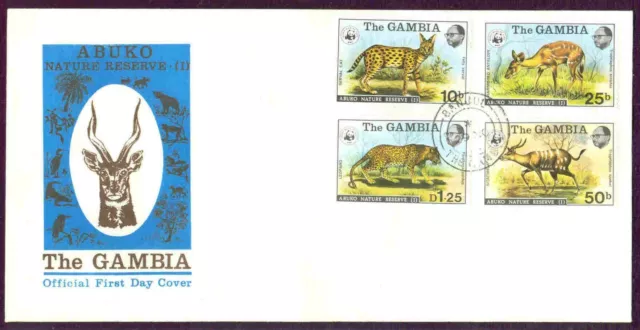 WWF Forerunner GAMBIA 1976 ENDANGERED ANIMALS ABUKO RESERVE set of 4  local FDC