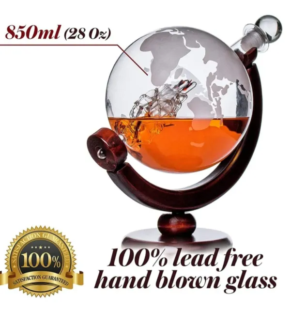 Whiskey Globe Decanter Set 850 ML Etched World Antique Ship Wood Base 2 Glasses