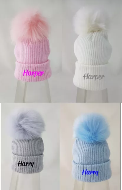 personalised / Plain embroidered 1 grey pink white fur pom Baby Girls Boys Hat