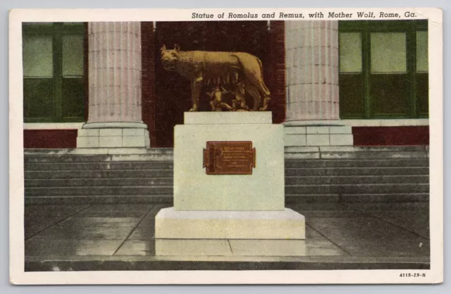 1929 Postcard Statue Of Romolus & Remus With Mother Wolf Rome Georgia