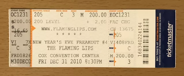 2010 The Flaming Lips Tulsa 12/31 Concert Ticket Stub Soft Bulletin Embryonic C3