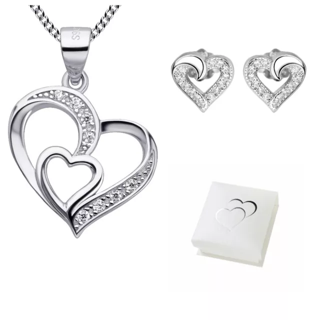 Halskette mit Herz Anhänger Schmuckset echt 925 Silber Ohrringe Zirkon Geschenke