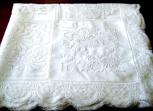 Antique Victorian Tablecloth  combo hand emb/ry and filet darnet net lace 74X64"
