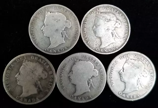 Canada Lot of 5 Silver 25 Cents Coins 1872 H, 1874 H, 1886, 1888, 1899