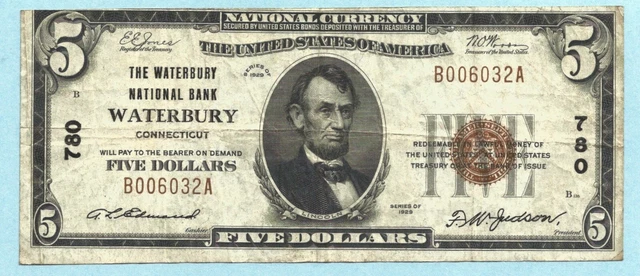$5 National Currency 1929 - Type 1 - Ch#780 - Waterbury NB, Waterbury, CT - VF+