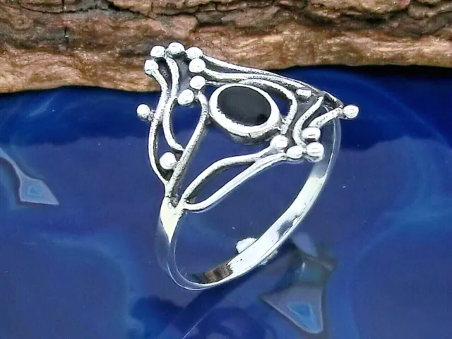 Verschnörkelter 925 Echt Silber Ring mit Stein Schwarz Gothic Vintage Damenring
