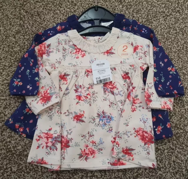 Bnwt Next 2 Pack Floral Long Sleeve Blouse T Shirt 0-3 Months Blue