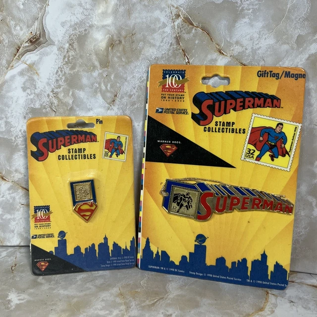 1998 USPS Superman Warner Bros Stamp Collectibles Gift Tag/ Magnet/ Pin Lot of 2