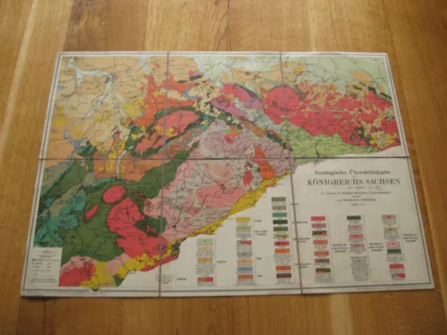 alte Landkarte Geologische Übersichtskarte Königreich Sachsen auf Leinen v.1910