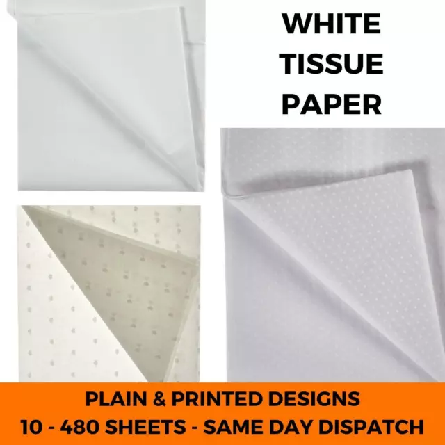 White Tissue Paper Sheets - Large Acid Free 50x75 Plain & Printed Polka Dot
