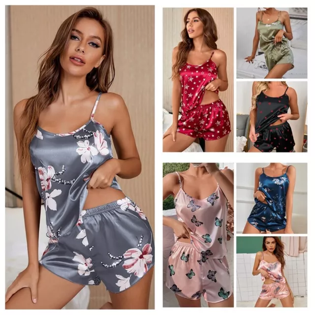 Women Ladies Satin Silk Lace Cami Vest Shorts Lingerie Pyjamas Set Pj Sleepwear