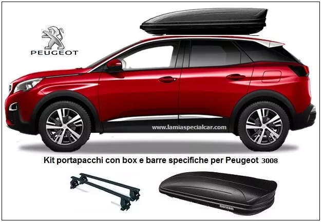 Specifico PER PEUGEOT 3008 Barre portapacchi + BOX BAULE TETTO 400 Litri.