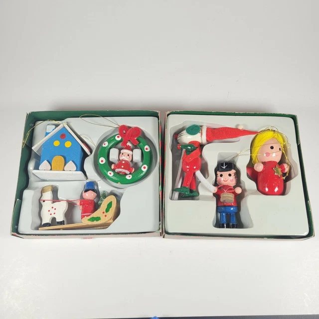 Vintage Wooden Christmas Tree Ornament Lot 2 Packs Santa Mouse Drummer Boy Sled